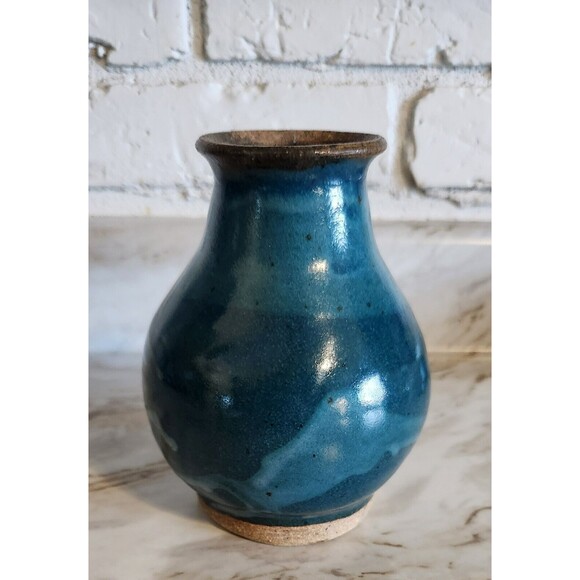 Modern Stoneware Pottery Vase Signed CHAR 2023 Teal Drip Swirl Glaze 5.5" - Picture 6 of 7